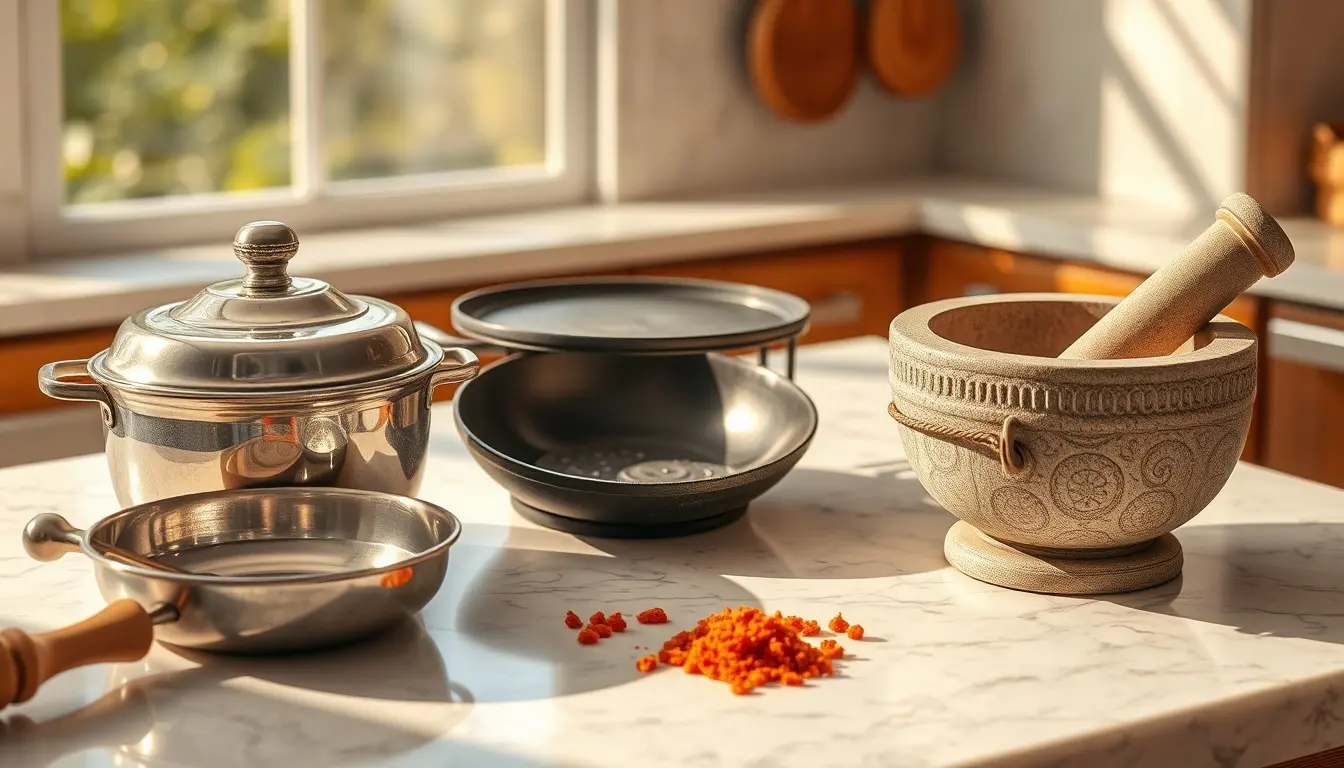 Ustensiles de cuisine traditionnels indiens disposés sur un plan de travail en marbre ensoleillé