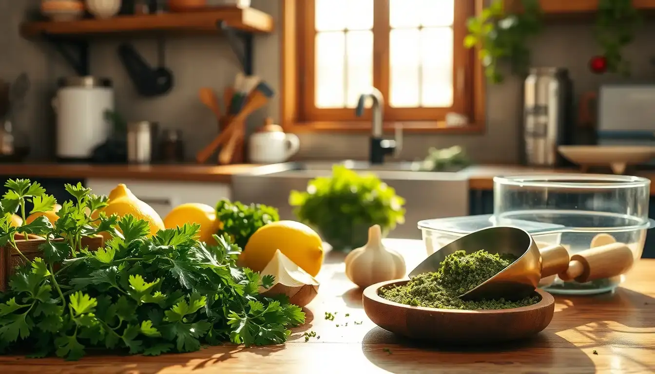 Ustensiles traditionnels de cuisine libanaise disposés sur un plan de travail ensoleillé avec des ingrédients frais.