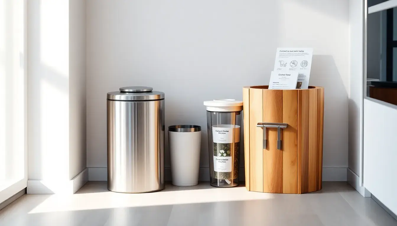Cuisine poubelles modernes en acier inoxydable et accessoires de tri sélectif organisés dans une cuisine lumineuse.