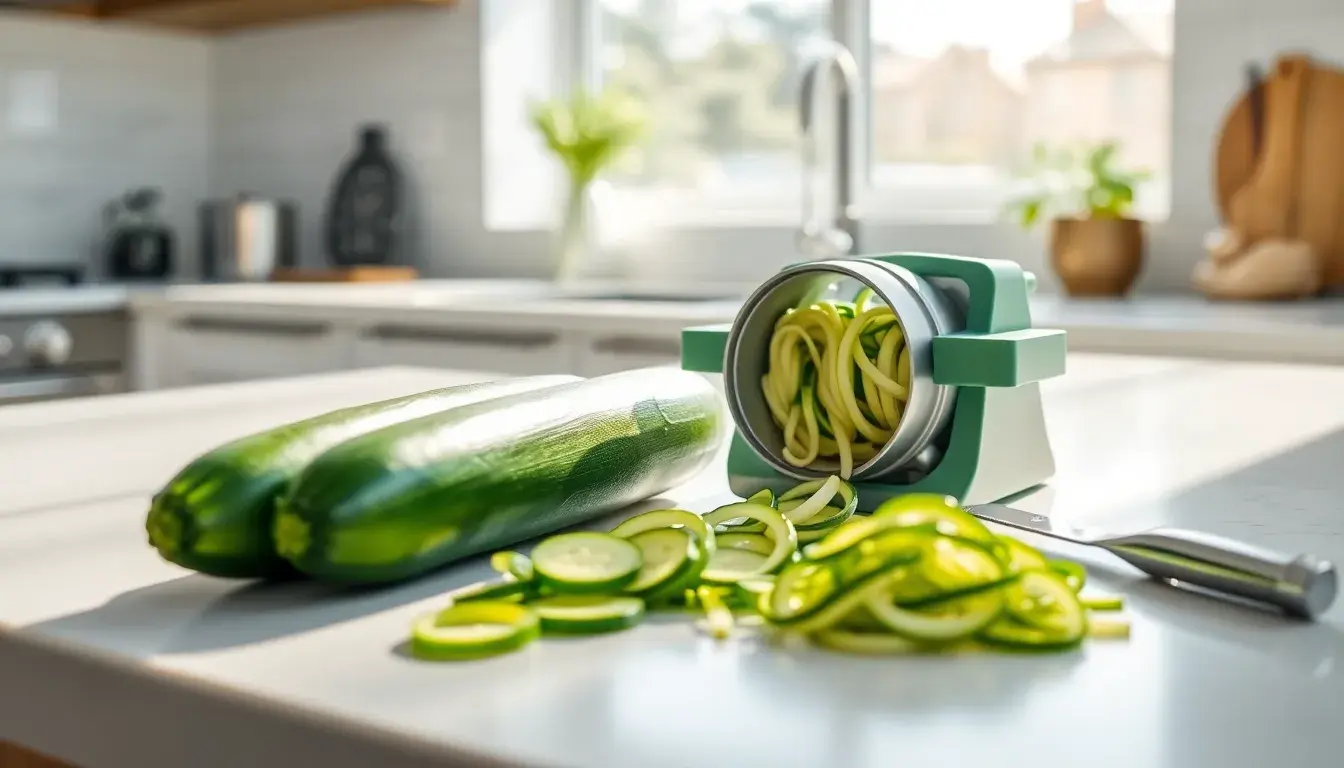 Cuisiner des courgettes avec un spiraliseur et des ustensiles de cuisine modernes