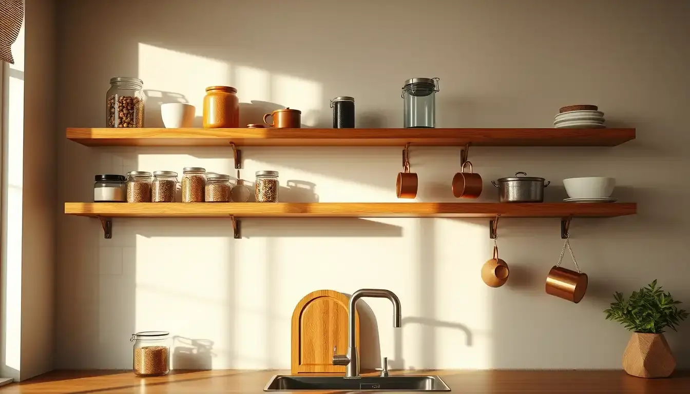Étagère murale cuisine en bois avec pots à épices et mugs suspendus