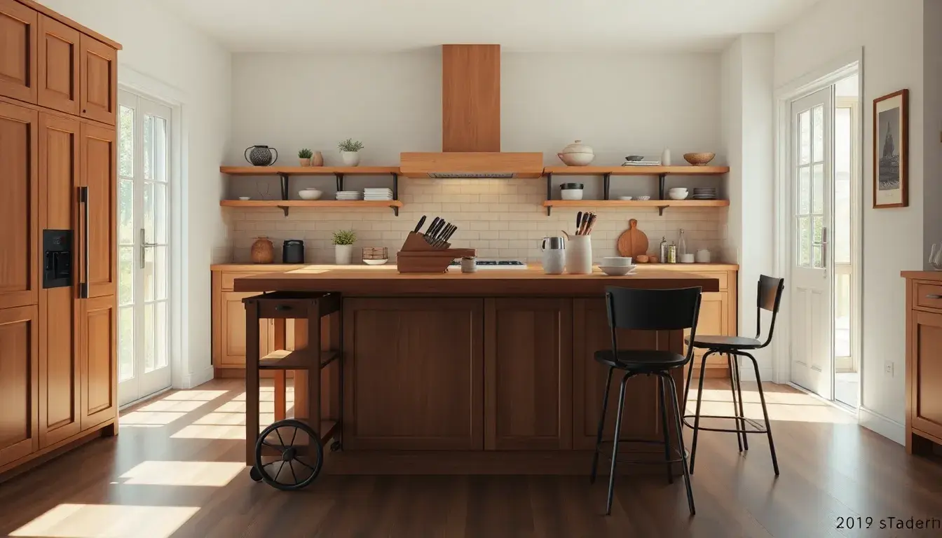 Aménagement moderne d'un îlot pour cuisine avec accessoires en bois et métal