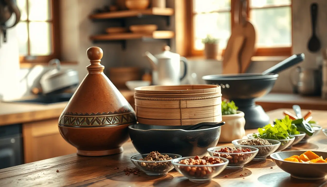 Outils de cuisine régionale authentiques incluant un tajine et un cuiseur vapeur en bambou