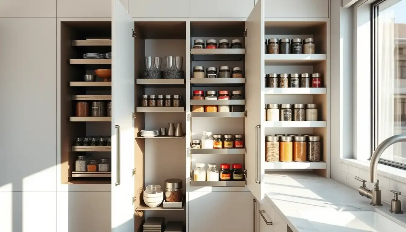 Meuble colonne cuisine moderne avec tiroirs coulissants et épices organisées
