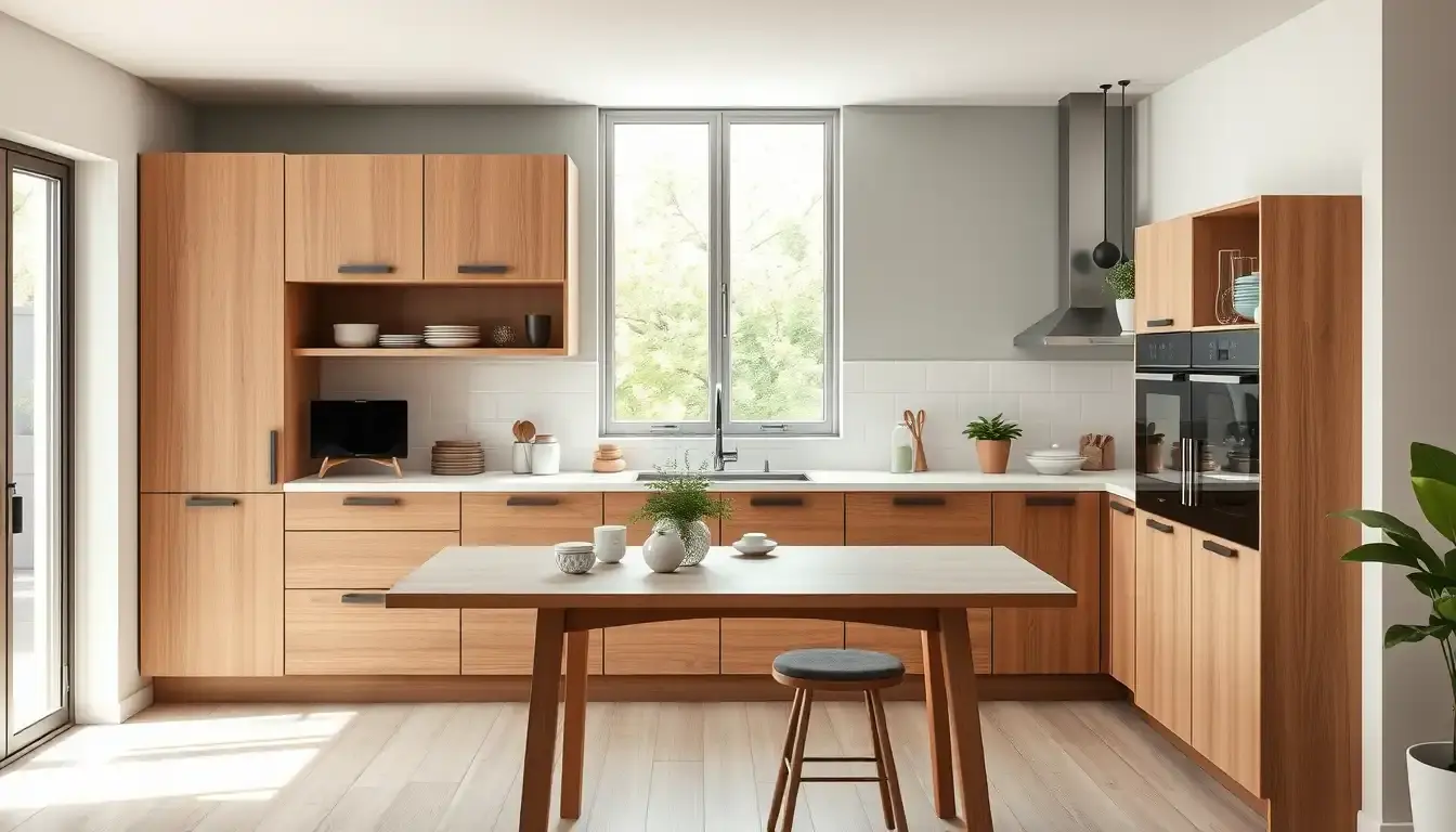 Meuble de cuisine haut optimisé avec des accessoires de rangement et une échelle pliante.
