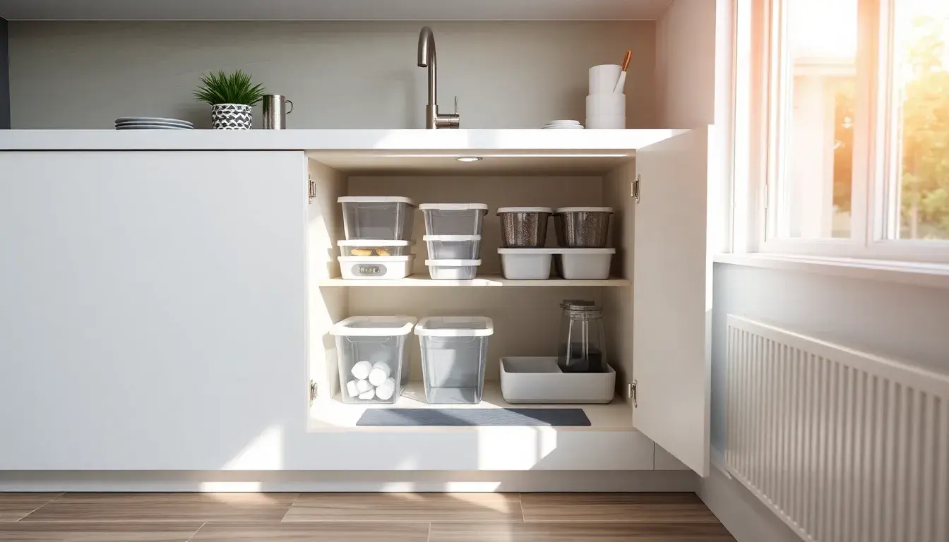Meuble sous évier cuisine parfaitement organisé avec des bacs coulissants et un tapis de protection