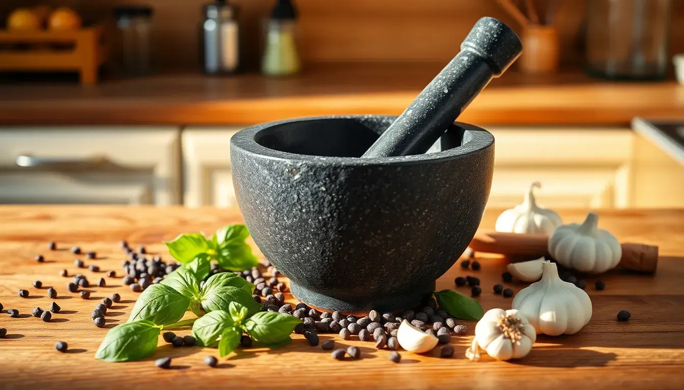 Mortier cuisine en granite sombre sur un plan de travail en chêne avec épices et basilic