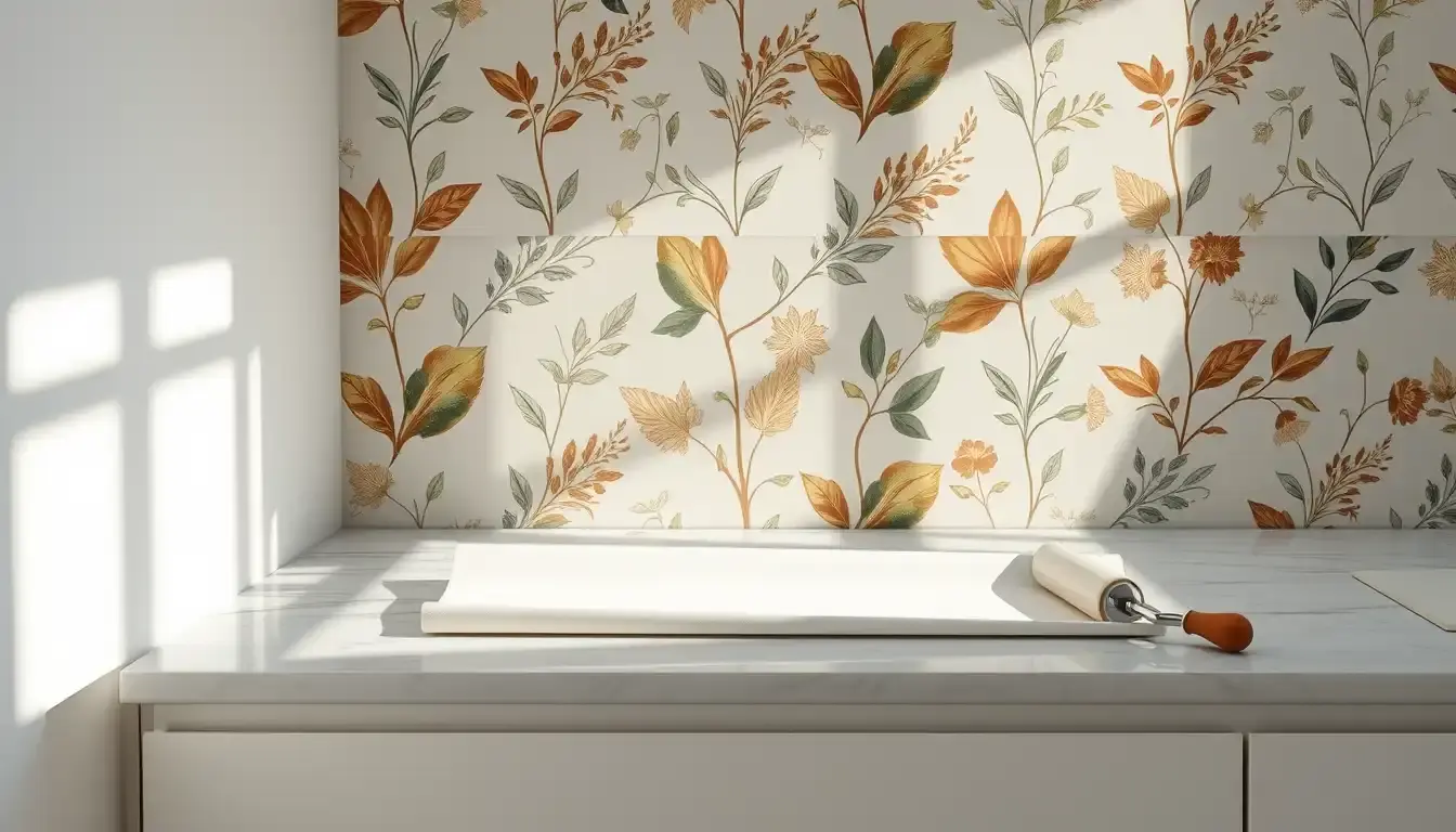 Matériel professionnel pour poser du papier peint pour cuisines sur un plan de travail en marbre.