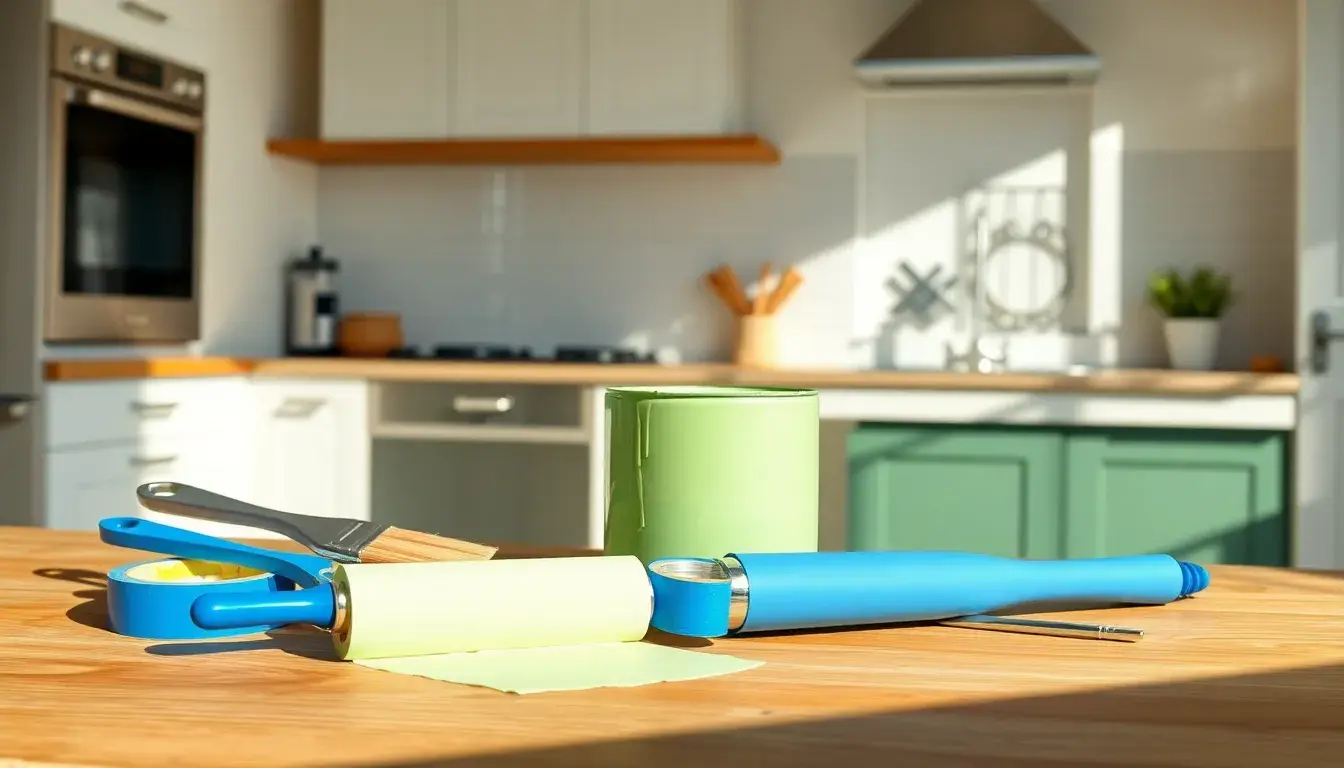 Outils de peinture pour meubles de cuisine sur un plan de travail ensoleillé