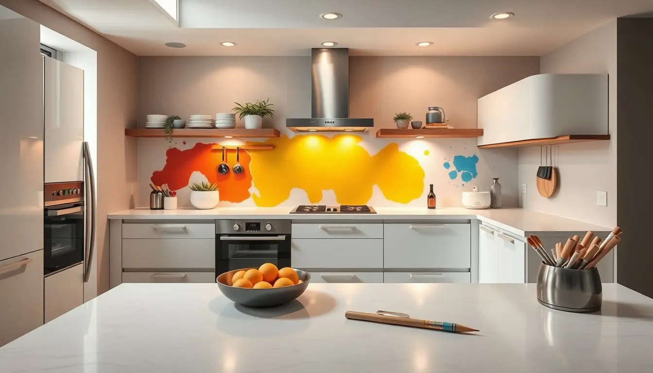 Échantillons de couleurs et pinceaux de précision sur un plan de travail de cuisine ensoleillé