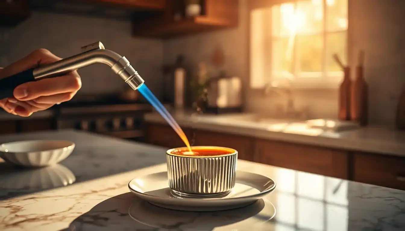 Chalumeau de cuisine caramélisant une crème brûlée sur un plan de travail en marbre