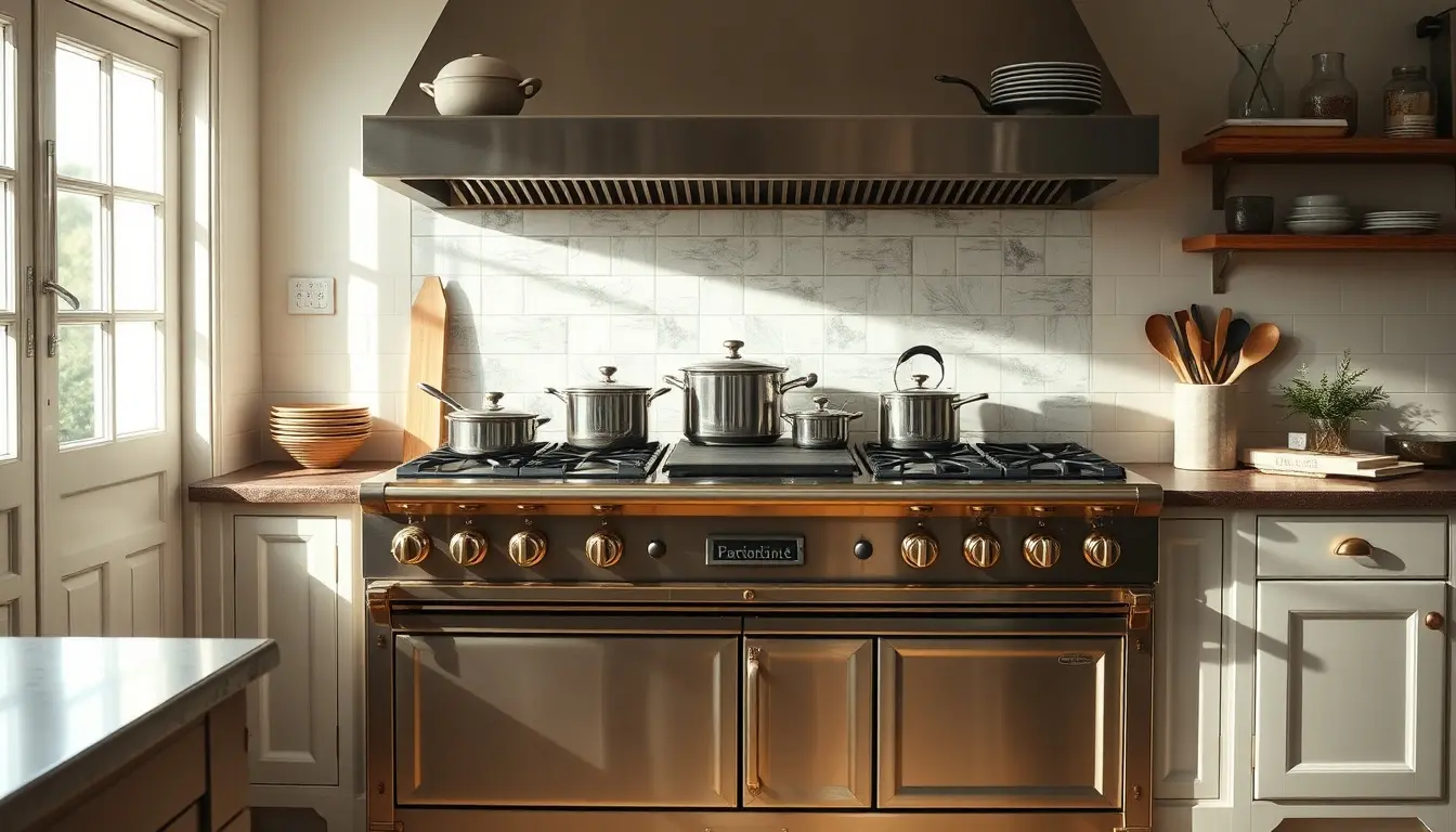 Piano de cuisine professionnel en inox dans une cuisine lumineuse avec accessoires de cuisson.