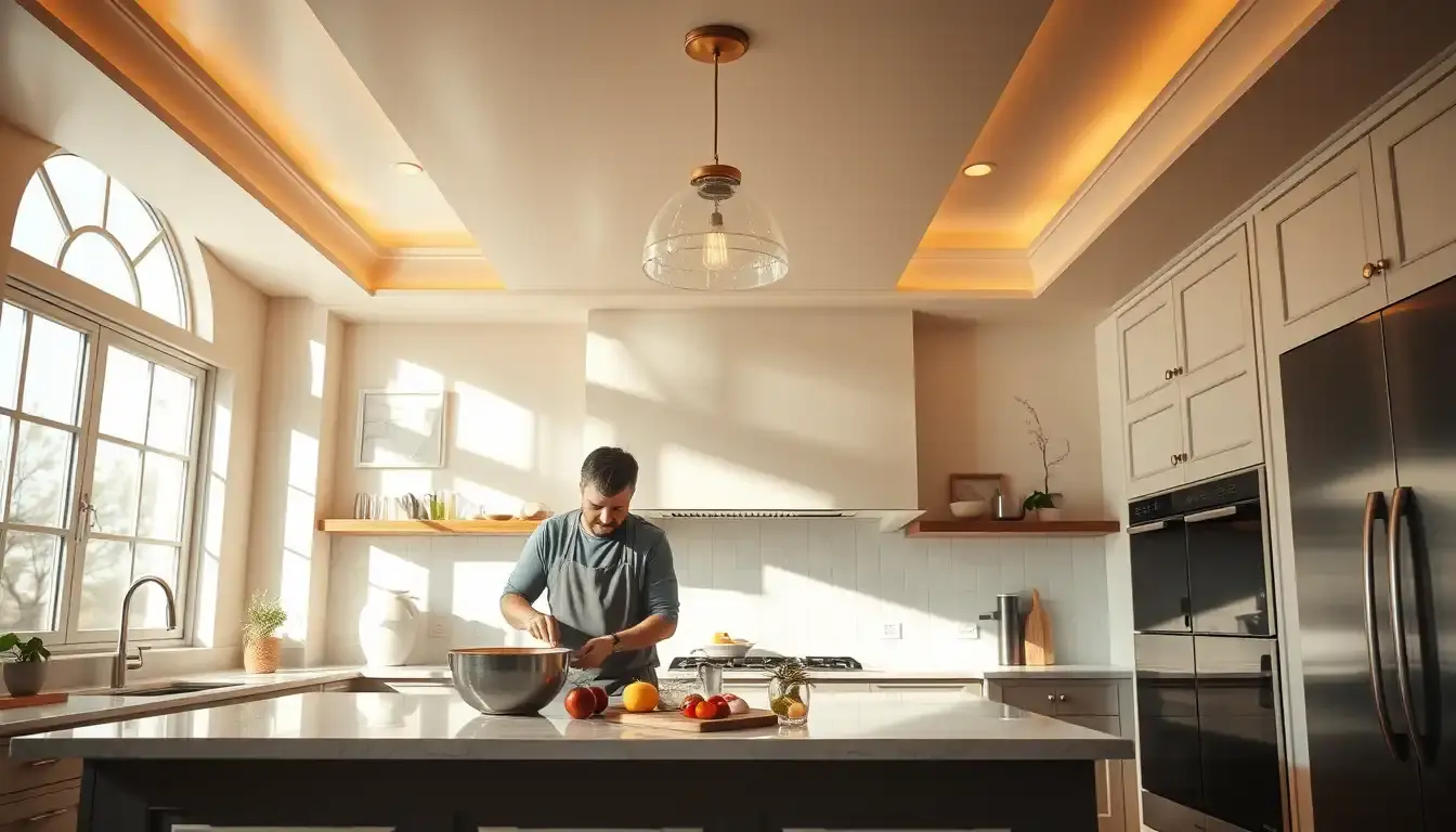 Plafonnier pour cuisine moderne éclairant un plan de travail en marbre avec élégance.