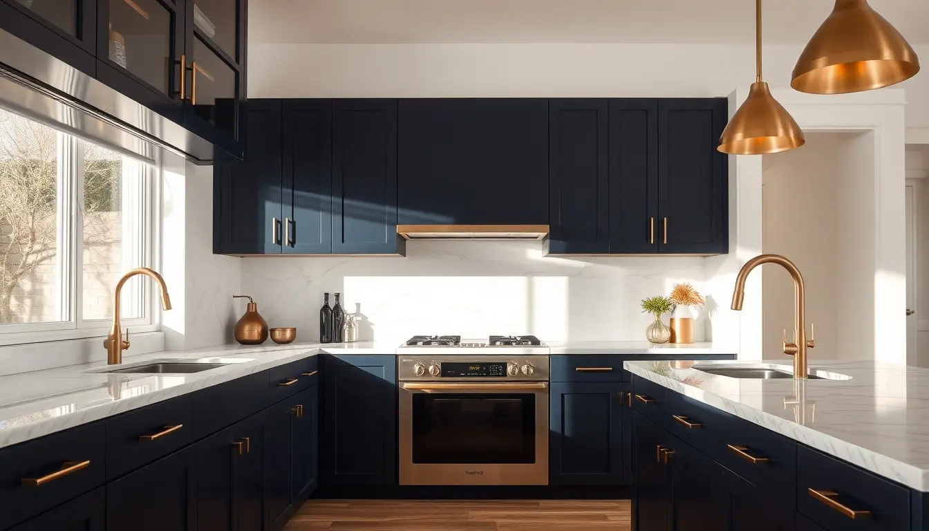Poignée cuisine élégante en laiton sur des meubles de cuisine bleu marine modernes.