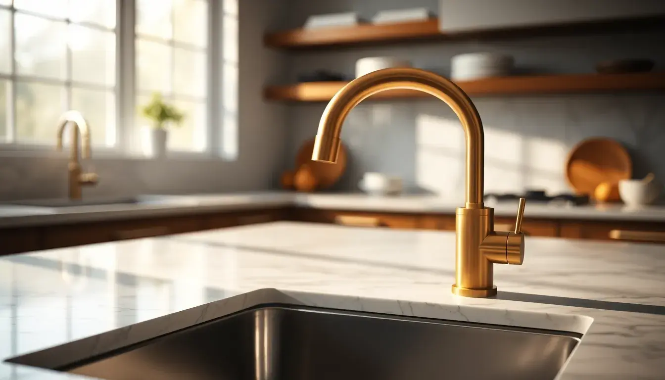 Robinet de cuisine moderne en laiton brossé sur un comptoir en marbre