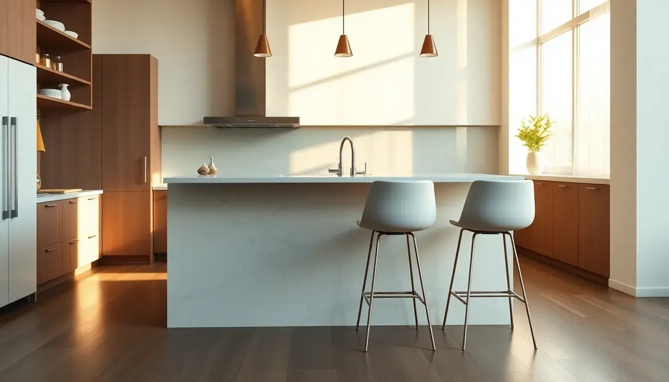 Tabouret cuisine élégant près d'un îlot central en marbre sous une lumière naturelle.