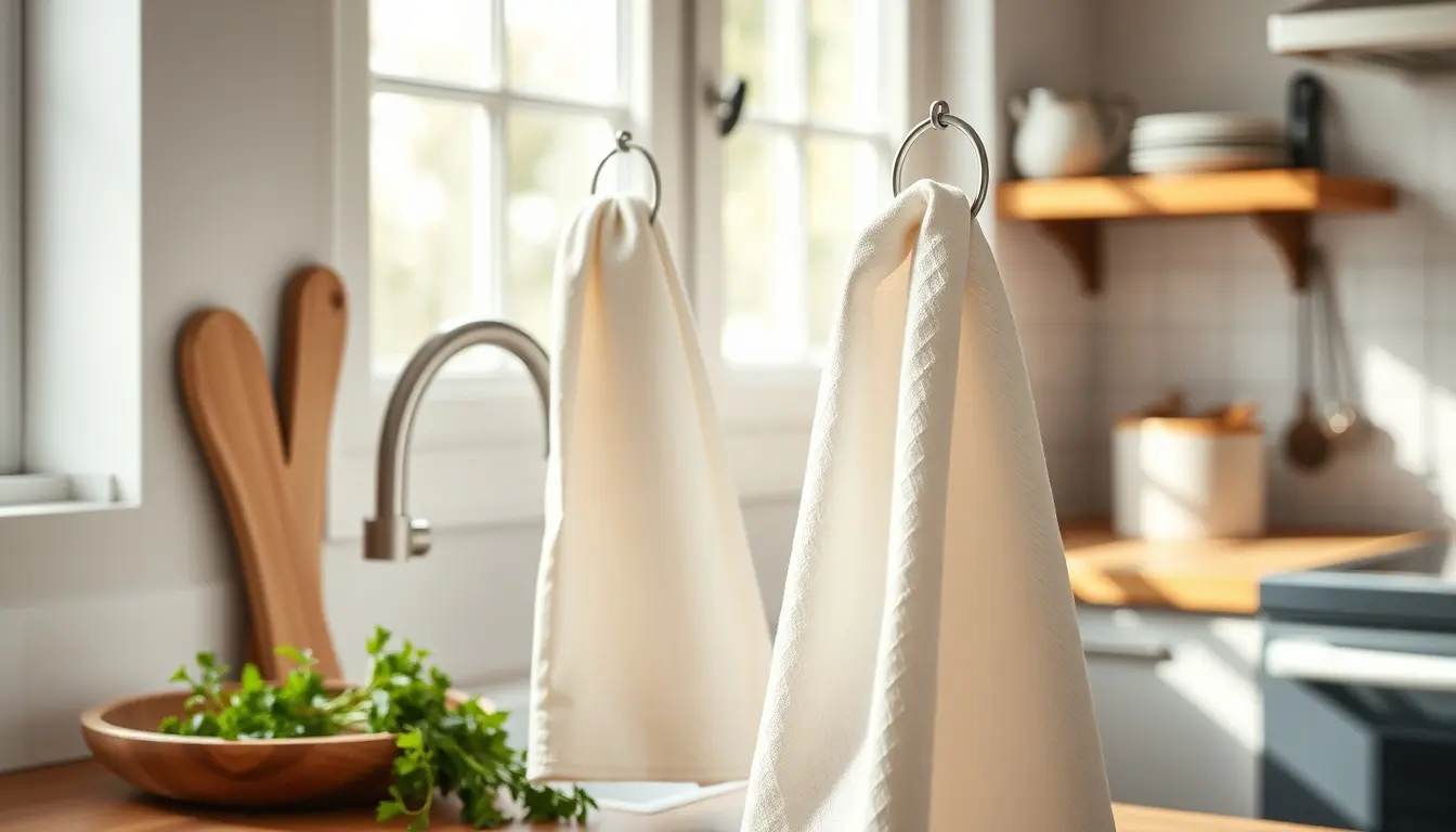 Torchons de cuisine en coton suspendus élégamment dans une cuisine lumineuse