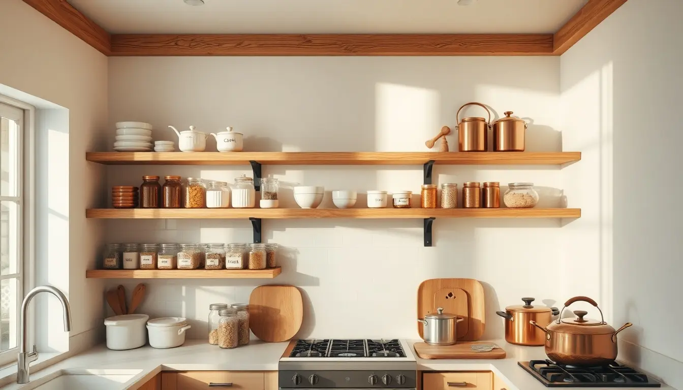 Étagère cuisine en bois décorée avec des bocaux et ustensiles dans une cuisine lumineuse.