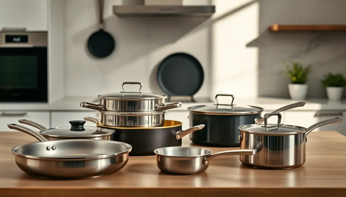 Assortiment de batterie de cuisine moderne sur un plan de travail en marbre