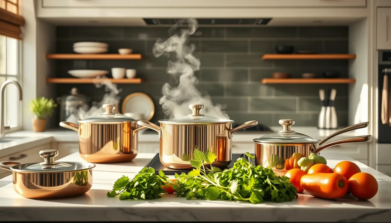 Batterie de cuisine élégante en acier inoxydable sur un plan de travail en marbre ensoleillé
