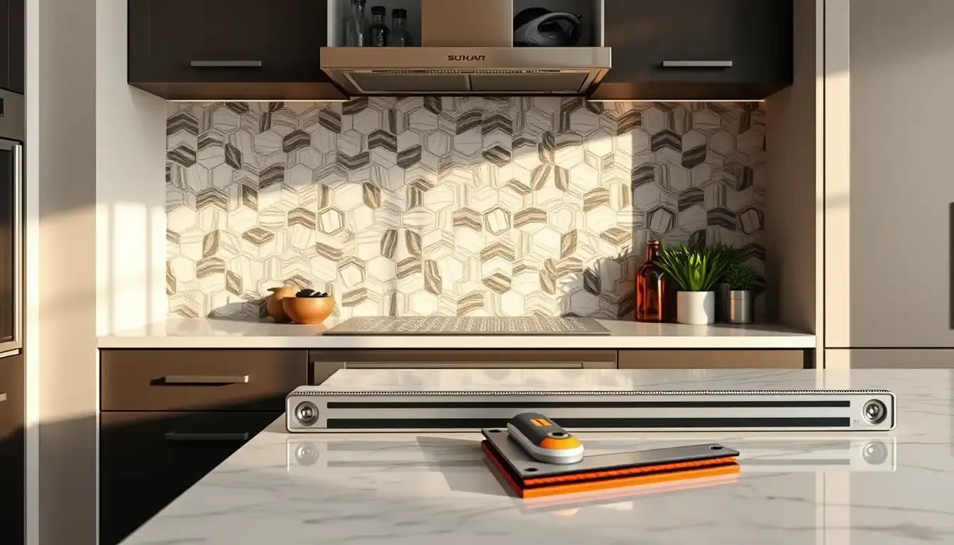 Crédence cuisine adhésive moderne avec outils de pose sur comptoir en marbre