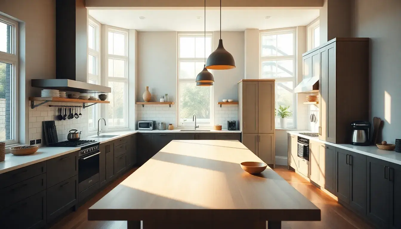Cuisine moderne lumineuse avec îlot central blanc et table intégrée en bois
