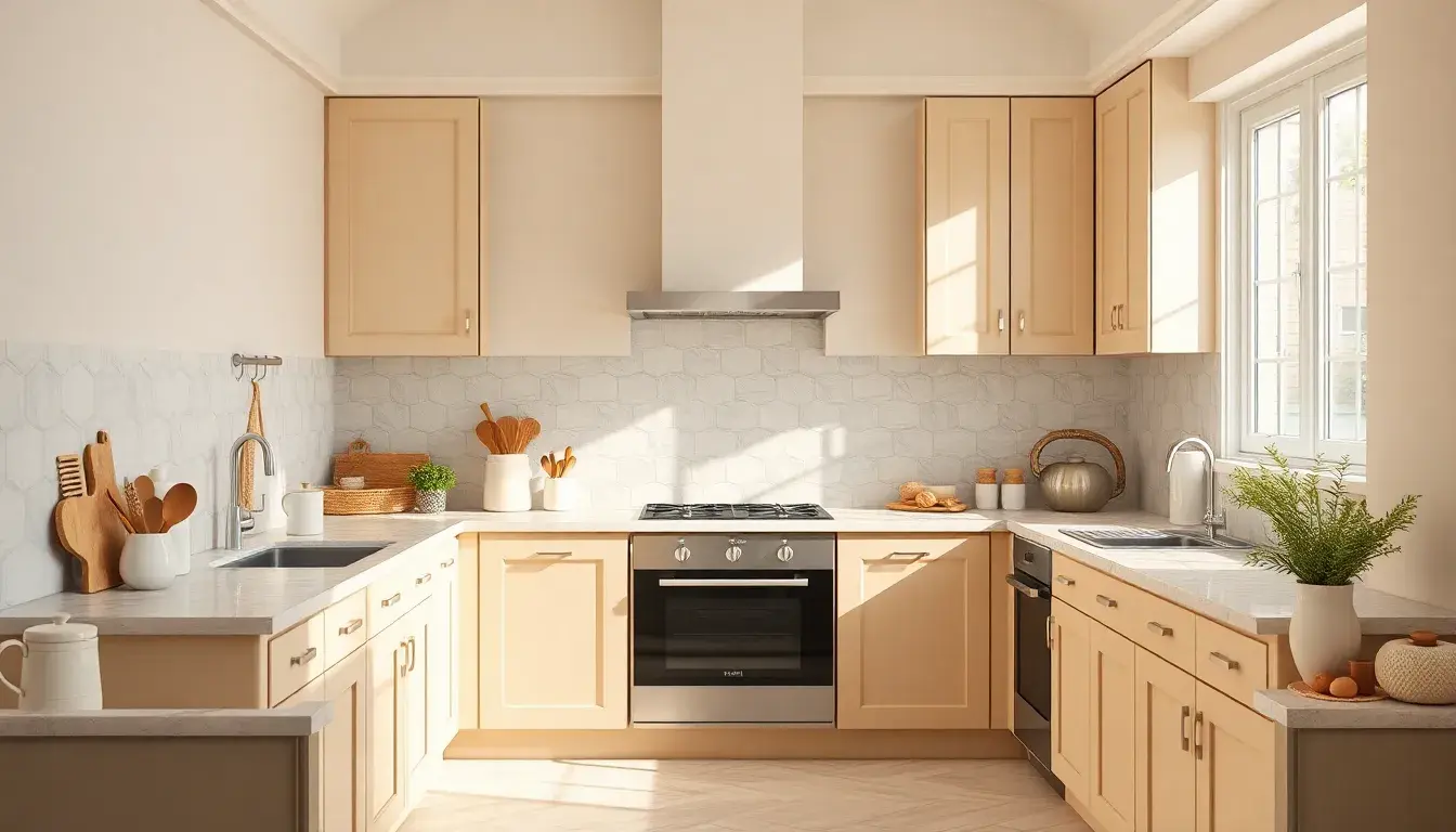Intérieur de cuisine beige moderne et chaleureuse avec accessoires crème et bois