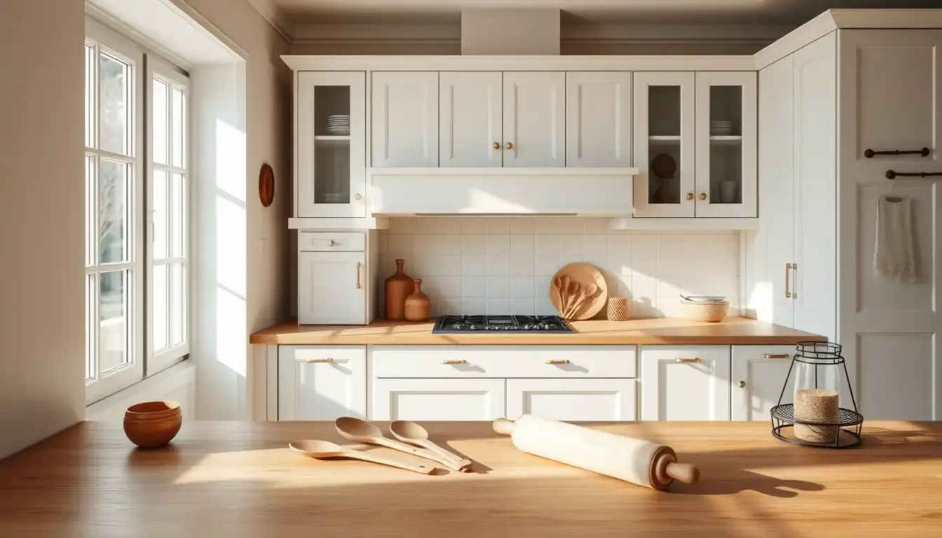 Cuisine bois blanc moderne et lumineuse avec ustensiles en bois naturel sur le plan de travail.