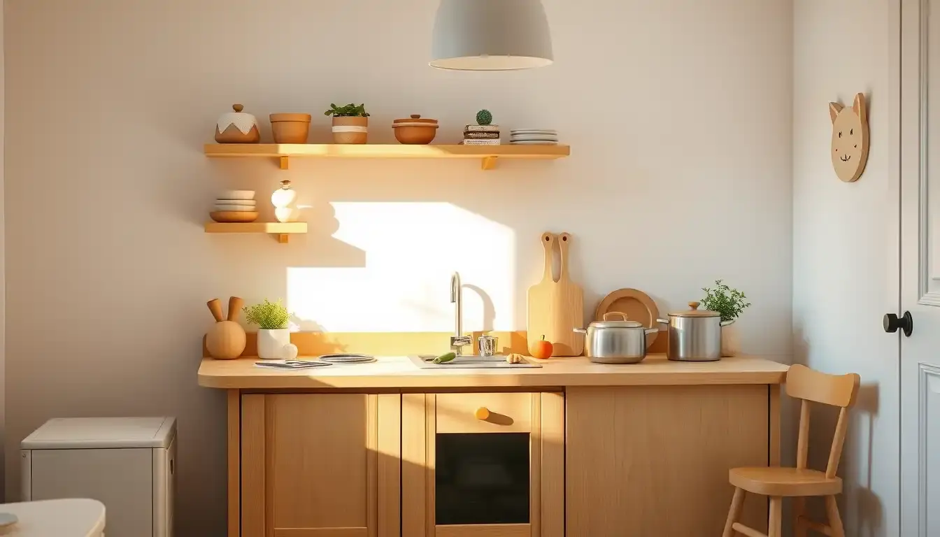 Une cuisine bois enfant élégante avec des accessoires en bois naturel dans une chambre lumineuse.