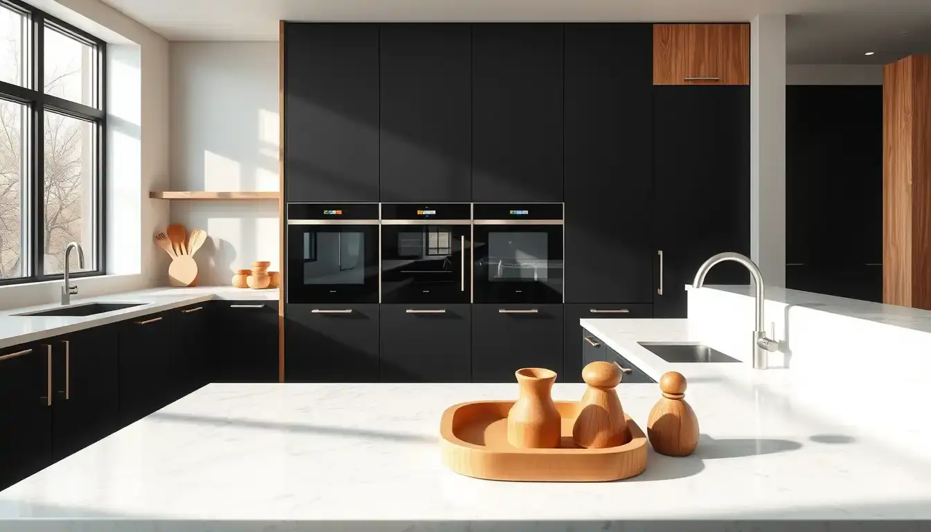 Cuisine moderne combinant des armoires noir mat et des accents en bois de chêne chaleureux