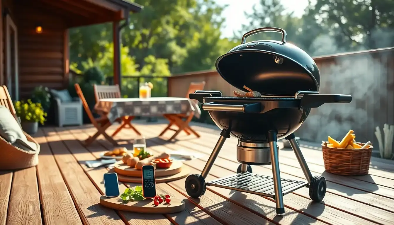 Cuisine d'extérieur moderne avec barbecue portable et accessoires de grillades sur une terrasse ensoleillée