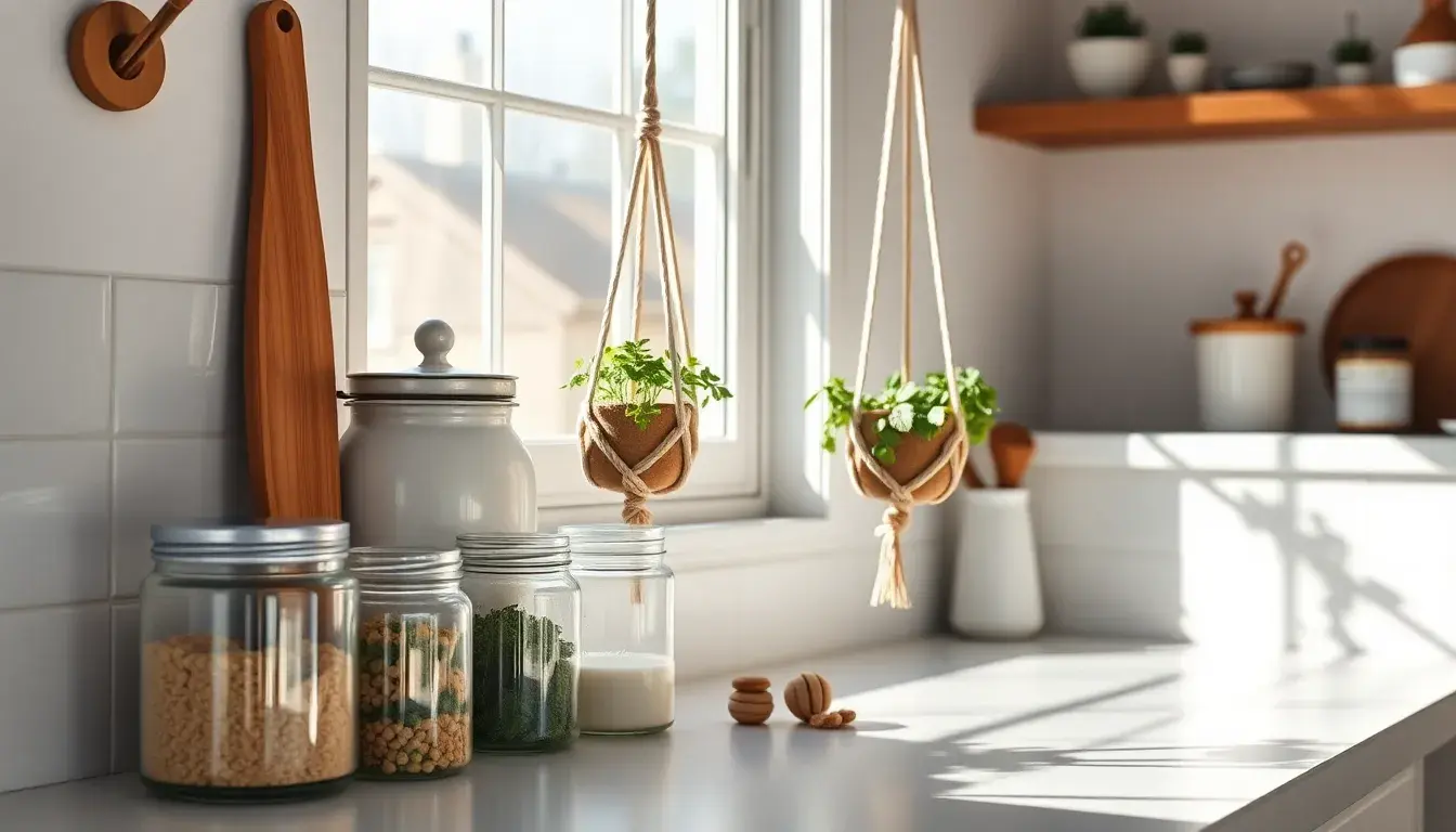 Cuisine déco moderne avec des bocaux en verre et des herbes aromatiques suspendues