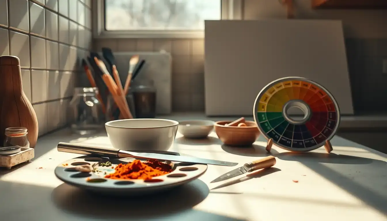 Outils de cuisine et de peinture disposés sur un comptoir ensoleillé pour un projet de décoration.