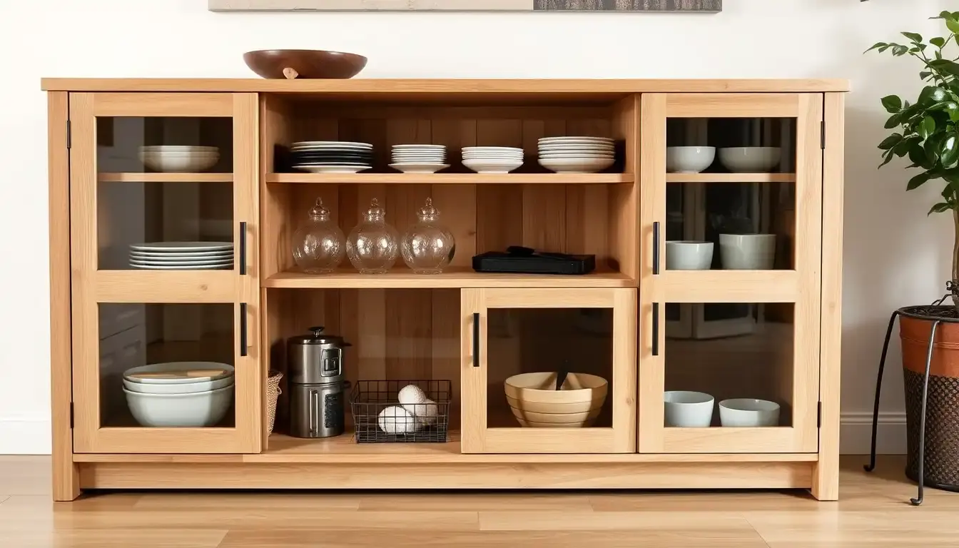 Buffet de cuisine bien rangé avec bocaux en verre et accessoires organisateurs