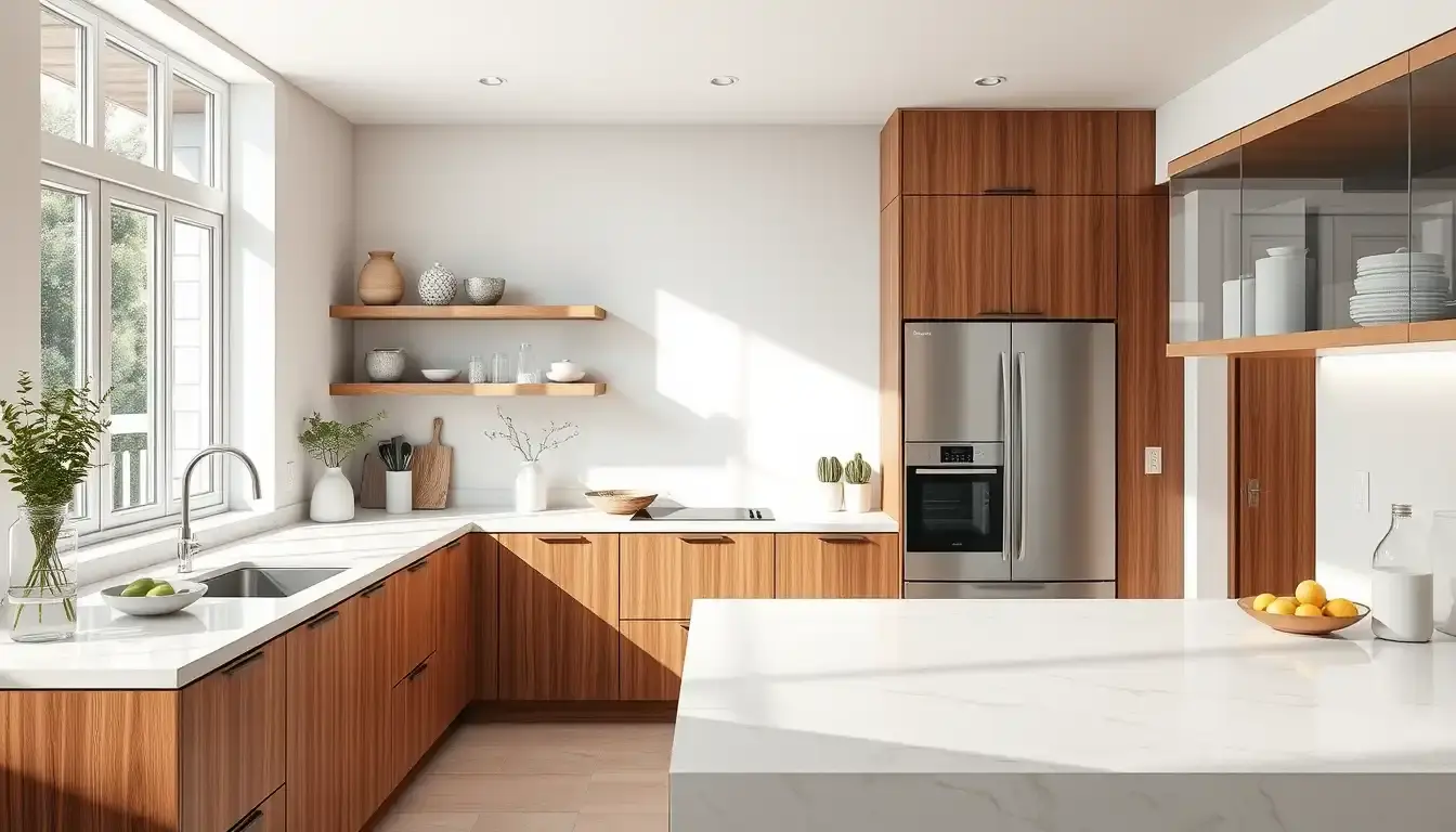Cuisine en L moderne avec plan de travail en marbre et solutions d'angle optimisées