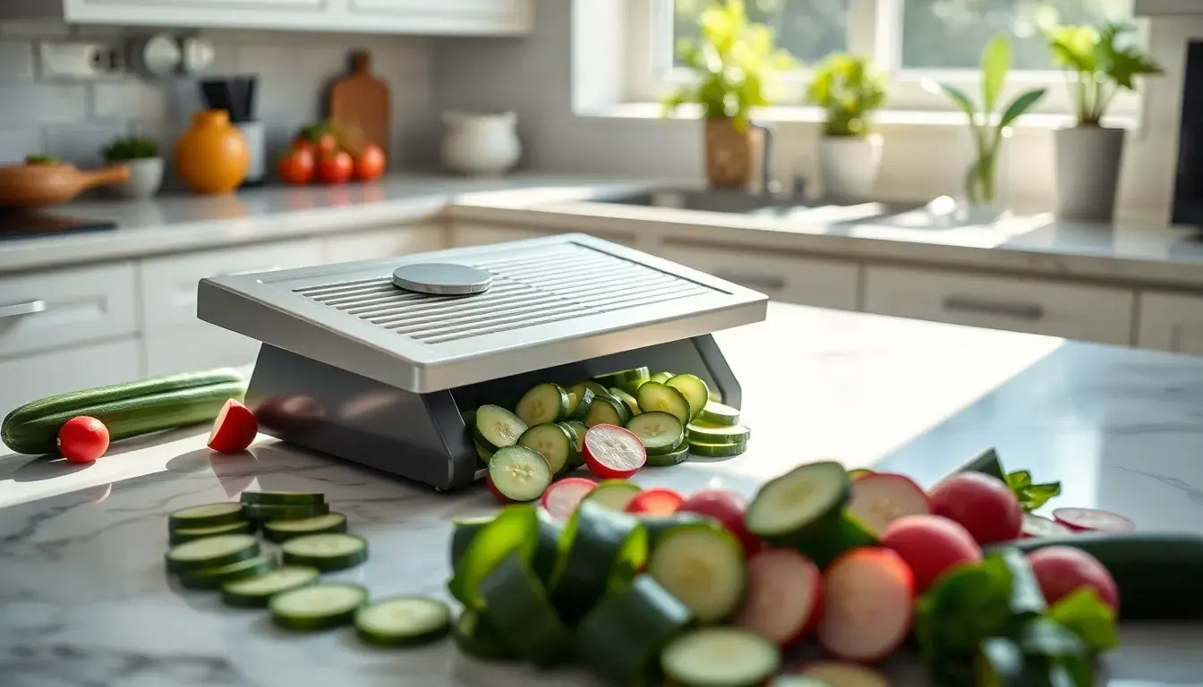 Mandoline de cuisine professionnelle sur plan de travail en marbre avec légumes tranchés