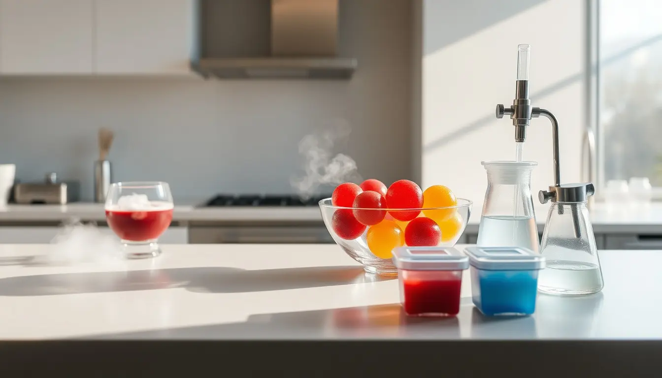 Outils de cuisine moléculaire sur un plan de travail moderne avec sphères de jus et siphon.