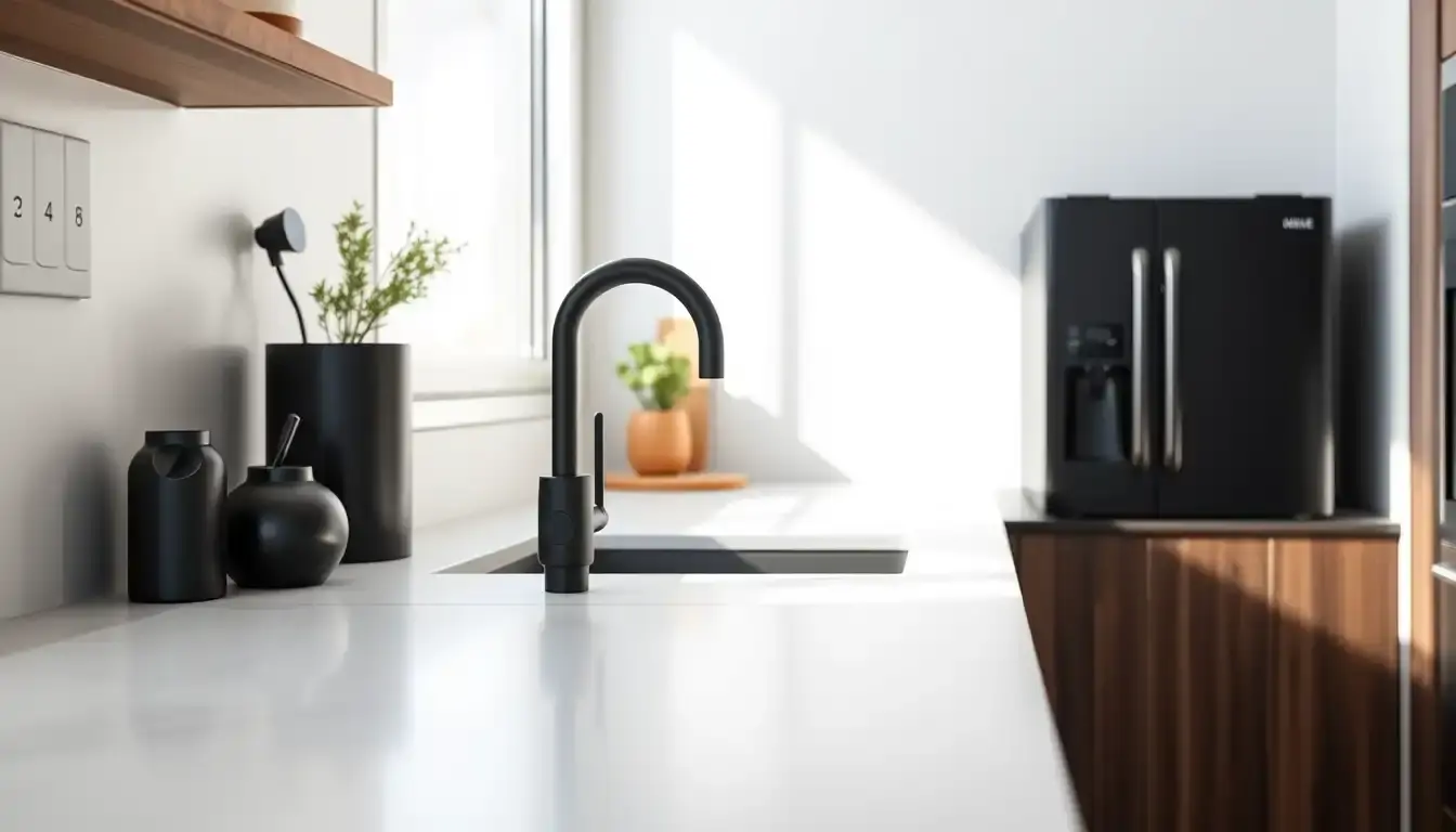 Cuisine noir moderne avec comptoir en marbre et accessoires de cuisine sombres mats
