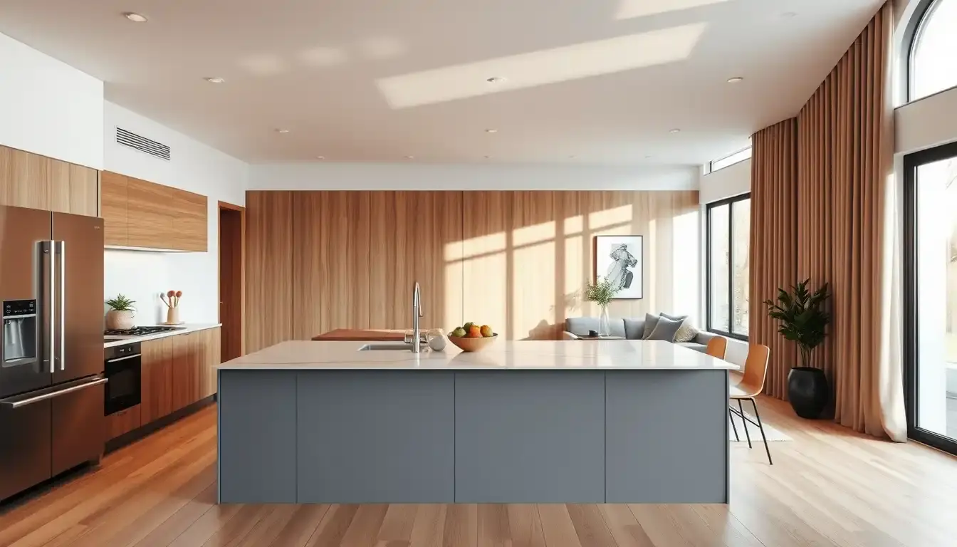 Cuisine ouverte sur salon moderne avec îlot central et décoration harmonieuse