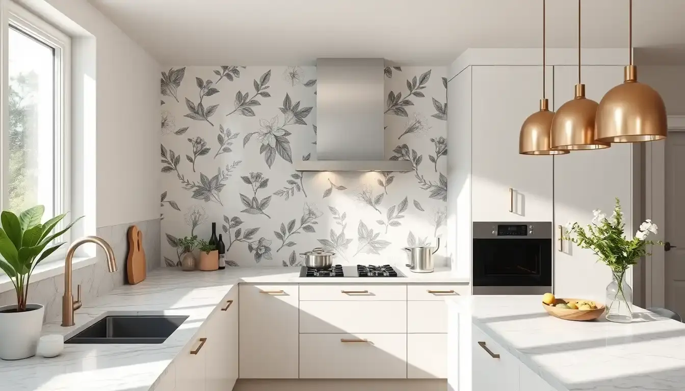 Cuisine moderne avec un accent en cuisine papier peint aux motifs botaniques