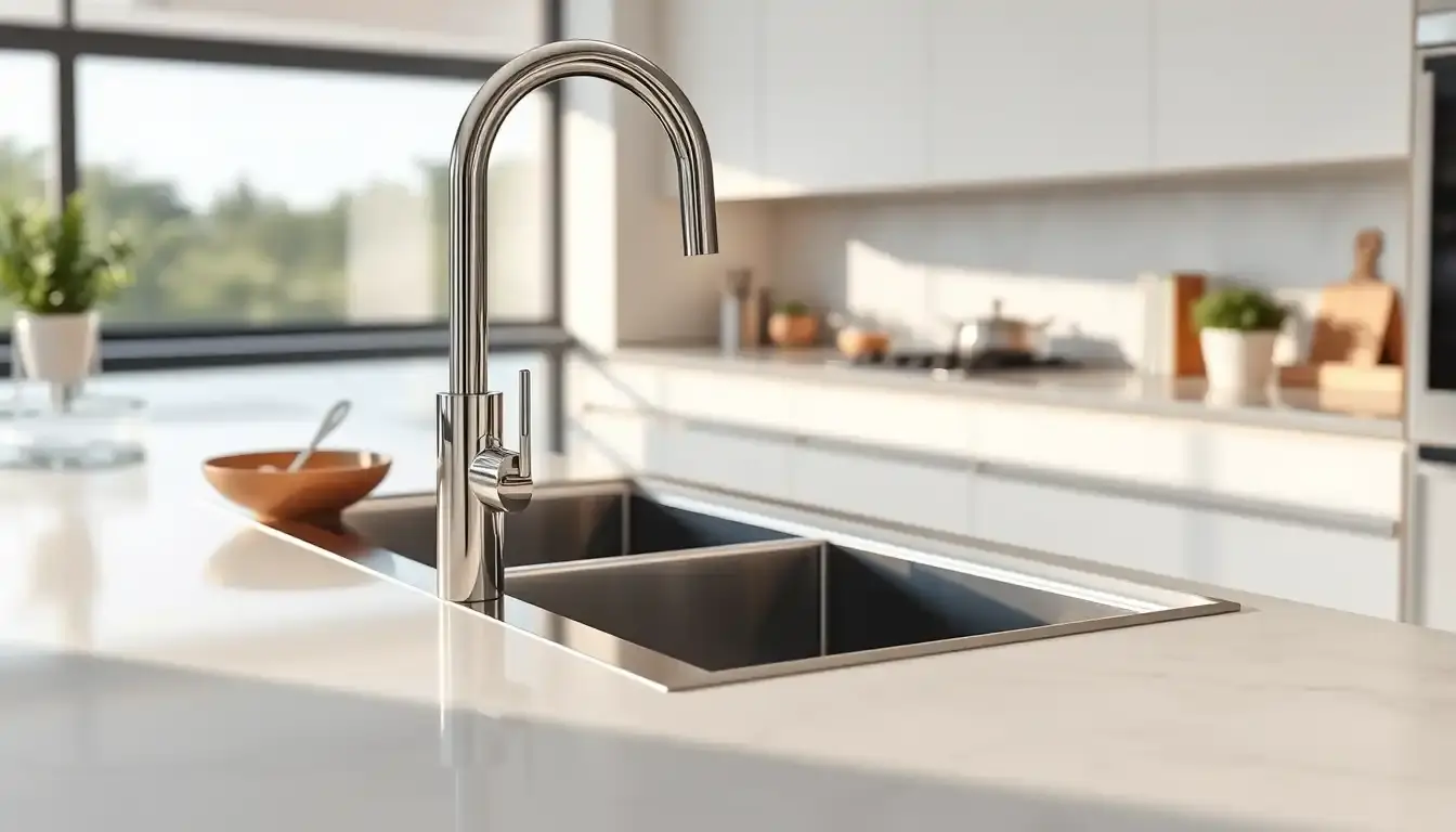 Robinet de cuisine moderne en chrome brillant sur un plan de travail en marbre