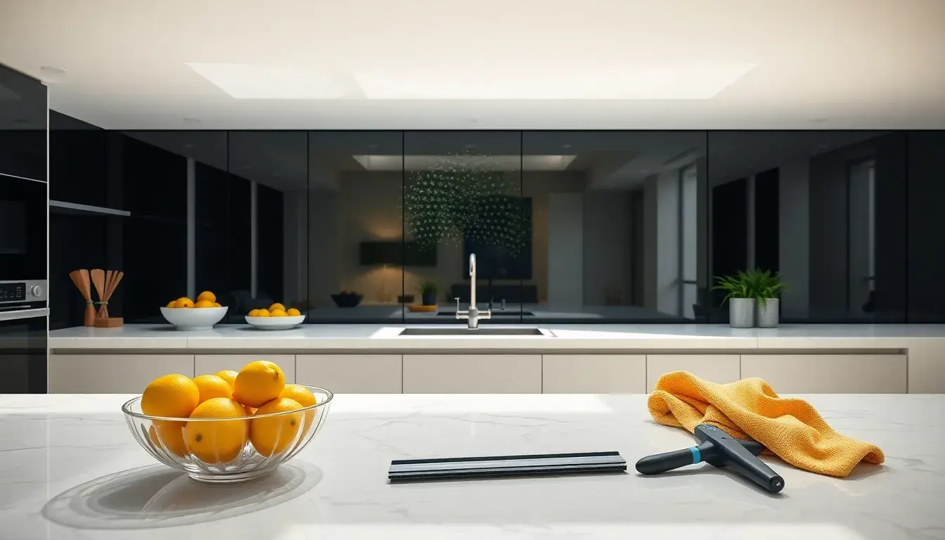 Cuisine verriere moderne avec cadre noir et outils de nettoyage professionnels