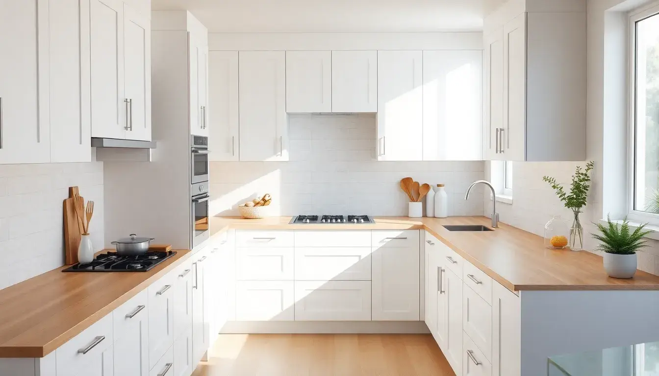 Cuisine blanche et bois lumineuse avec comptoirs en chêne et accessoires minimalistes