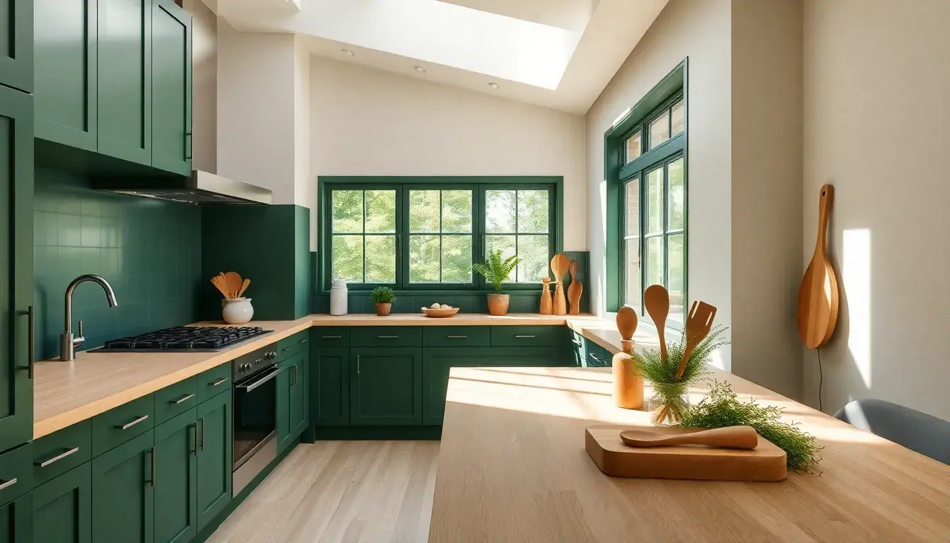 Cuisine moderne aux meubles vert forêt avec plan de travail en bois clair et ustensiles naturels.