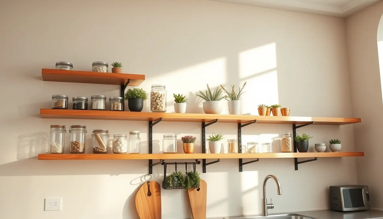 Cuisine étagères en bois massif avec bocaux en verre et accessoires de rangement modernes