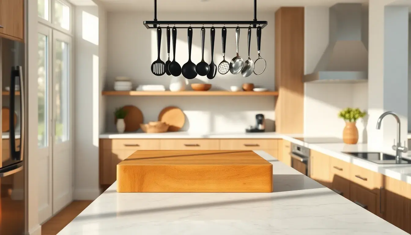 Cuisine îlot central moderne avec plan de travail en marbre et accessoires en bois.