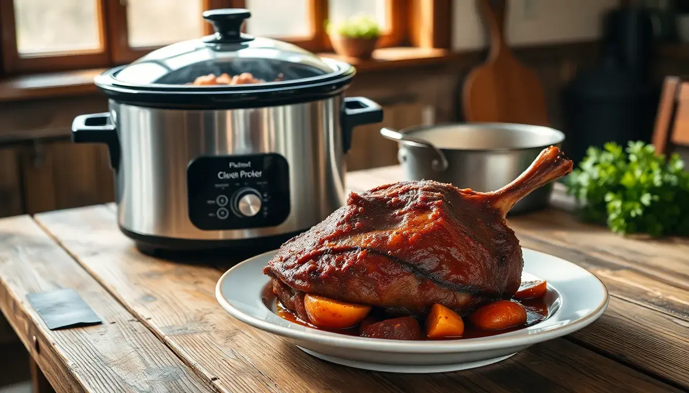 Un jarret de porc tendre cuisant dans une cocotte en fonte sur un plan de travail en bois.