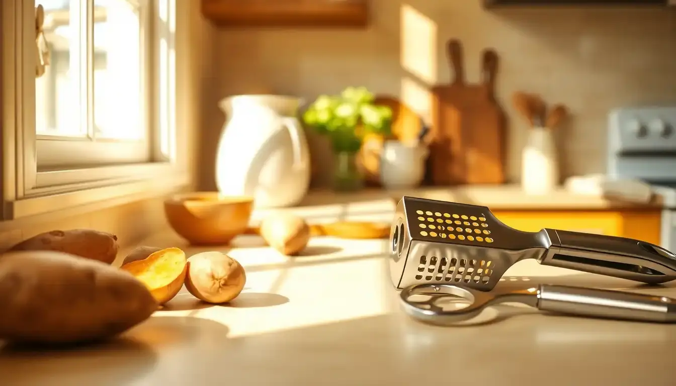 Cuisiner la patate douce avec des ustensiles de cuisine modernes sur un plan de travail ensoleillé.