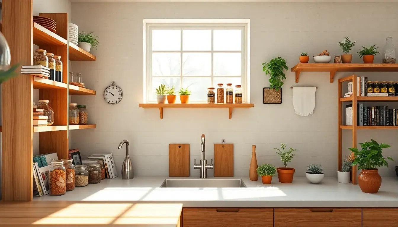 Étagère pour cuisine moderne en bois et métal avec bocaux organisés