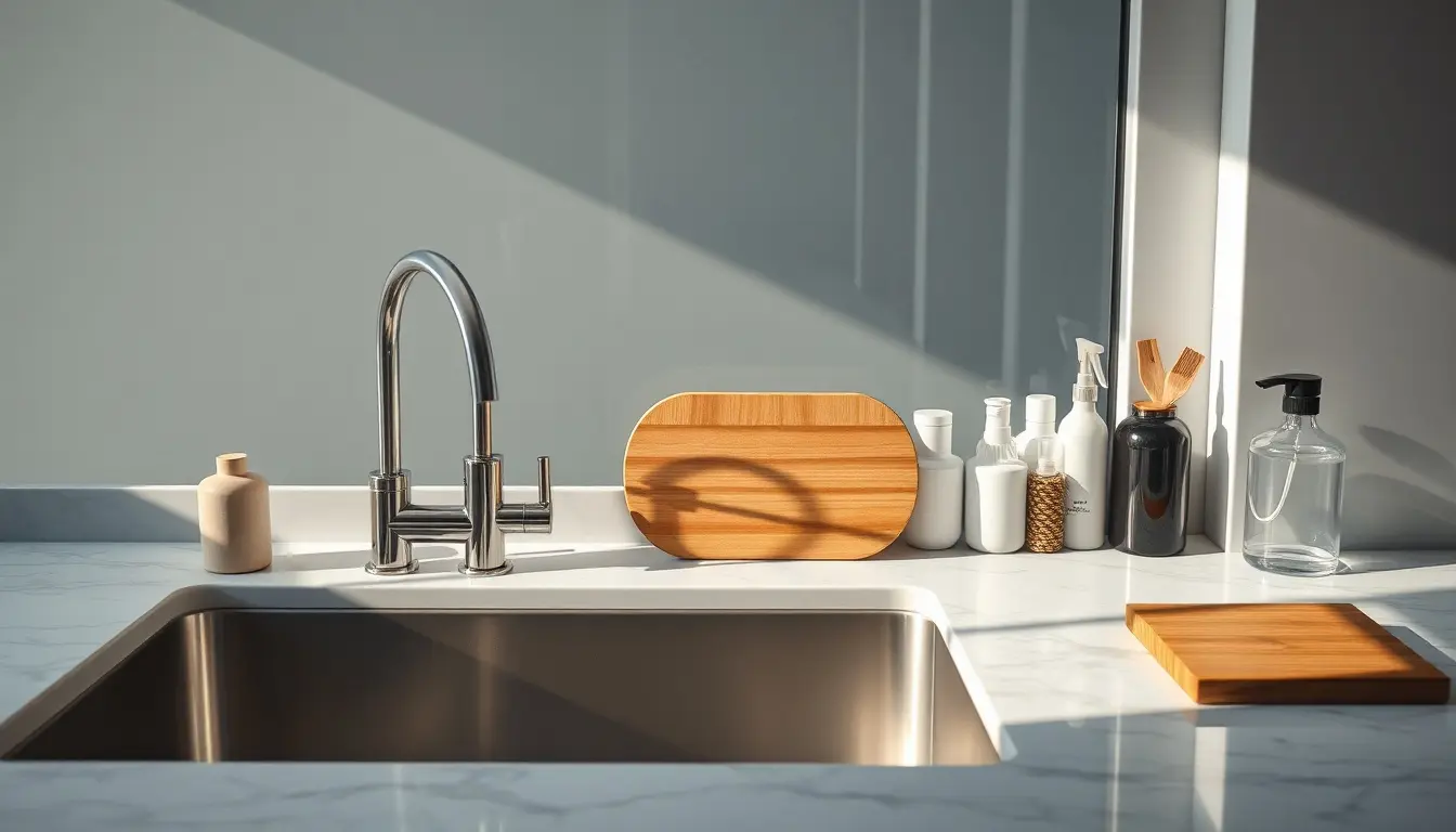 Un évier de cuisine moderne en acier inoxydable avec des accessoires élégants sur un plan de travail en marbre.